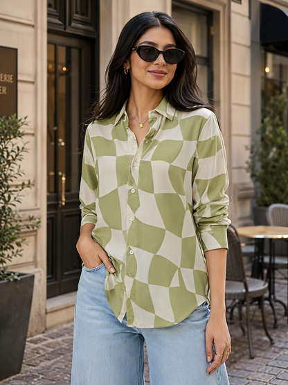 Green Printed Abstract Button Down Long Sleeve Casual Shirt