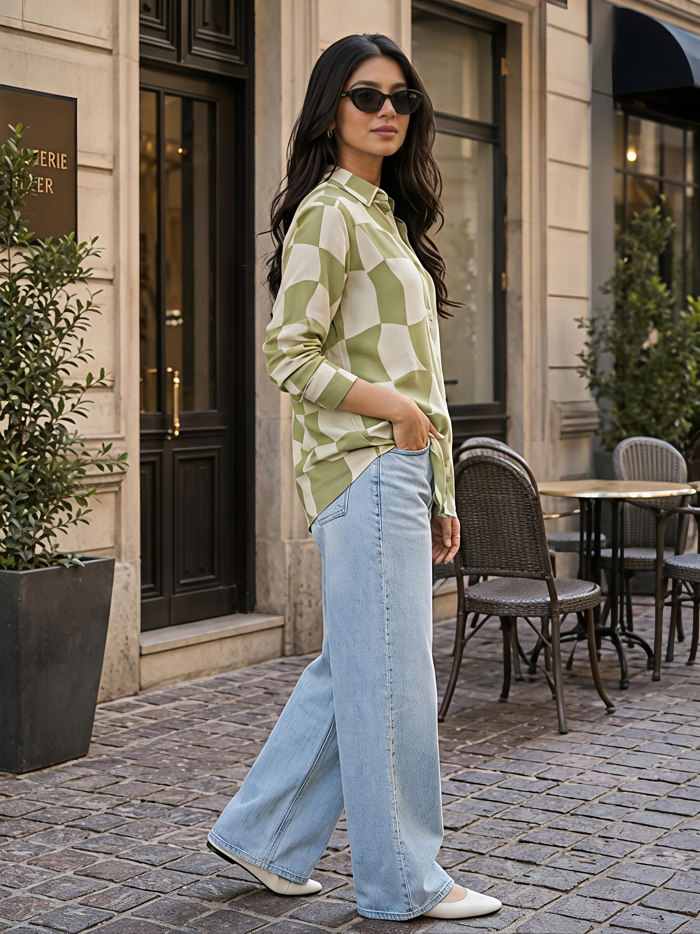 Green Printed Abstract Button Down Long Sleeve Casual Shirt