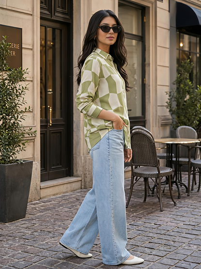 Green Printed Abstract Button Down Long Sleeve Casual Shirt