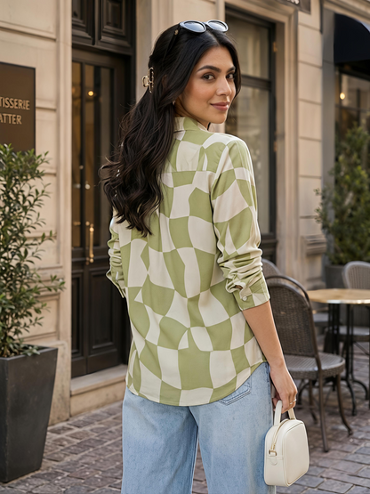 Green Printed Abstract Button Down Long Sleeve Casual Shirt