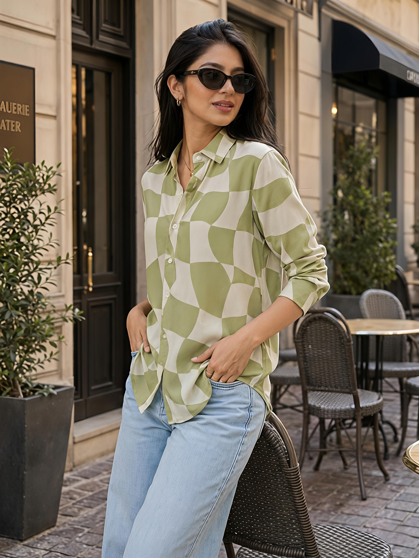 Green Printed Abstract Button Down Long Sleeve Casual Shirt
