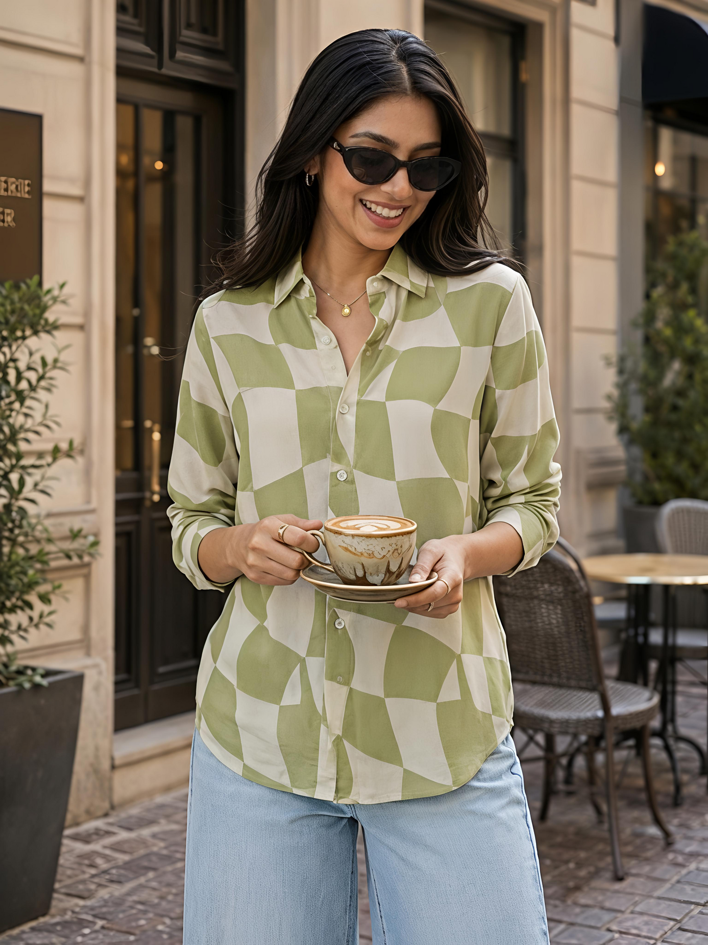 Green Printed Abstract Button Down Long Sleeve Casual Shirt