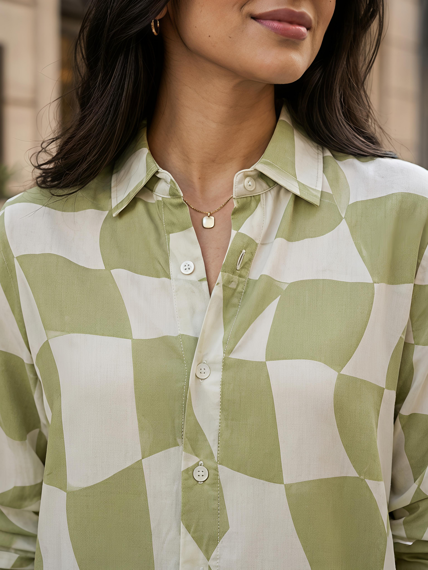 Green Printed Abstract Button Down Long Sleeve Casual Shirt