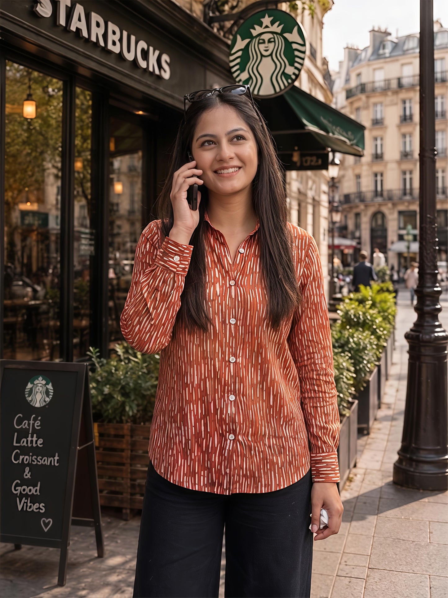 Brown Printed Abstract Button Down Long Sleeve Casual Shirt