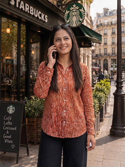 Brown Printed Abstract Button Down Long Sleeve Casual Shirt