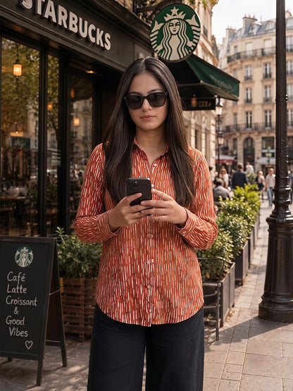 Brown Printed Abstract Button Down Long Sleeve Casual Shirt