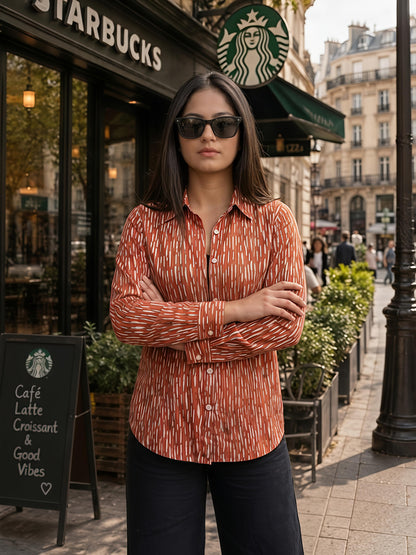 Brown Printed Abstract Button Down Long Sleeve Casual Shirt