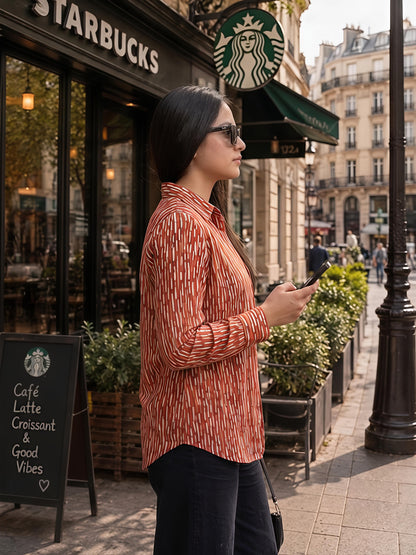 Brown Printed Abstract Button Down Long Sleeve Casual Shirt