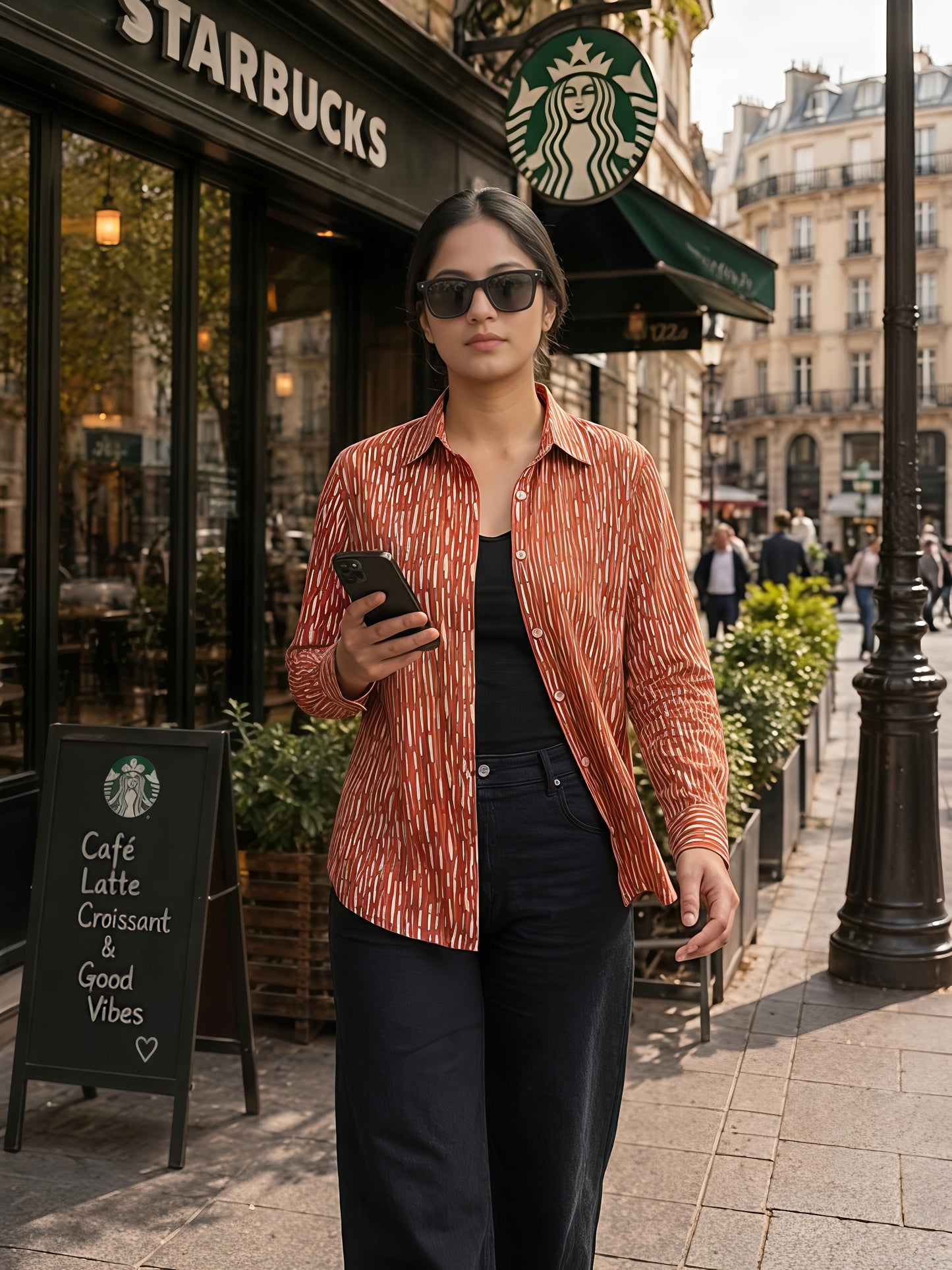 Brown Printed Abstract Button Down Long Sleeve Casual Shirt
