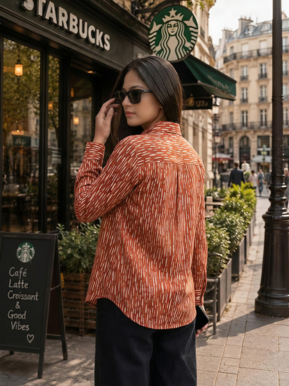 Brown Printed Abstract Button Down Long Sleeve Casual Shirt