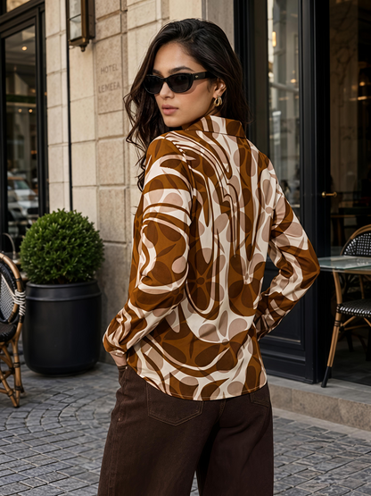 Brown Printed Abstract Button Down Long Sleeve Casual Shirt