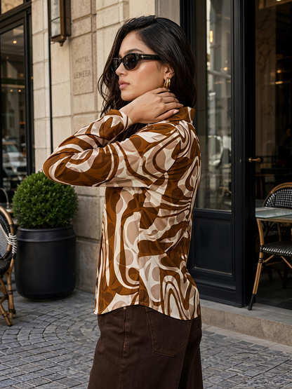 Brown Printed Abstract Button Down Long Sleeve Casual Shirt