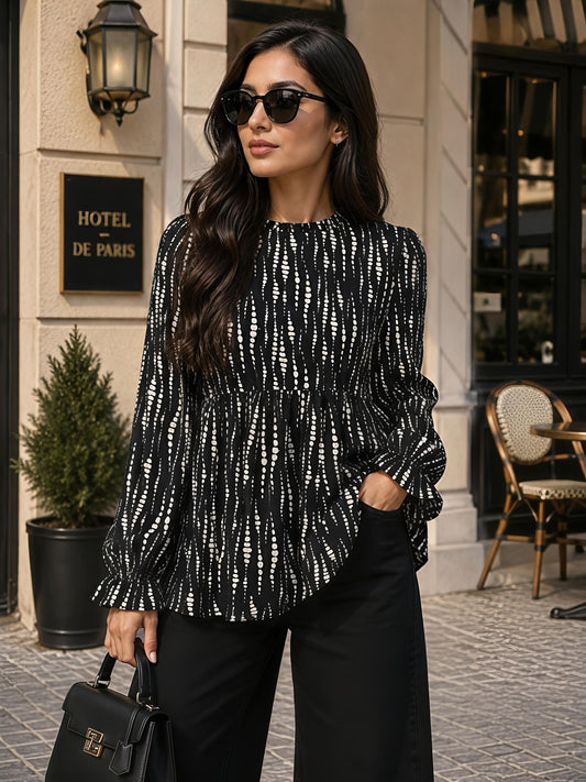 Black Printed Round Neck Long Sleeve Casual Tunic Top