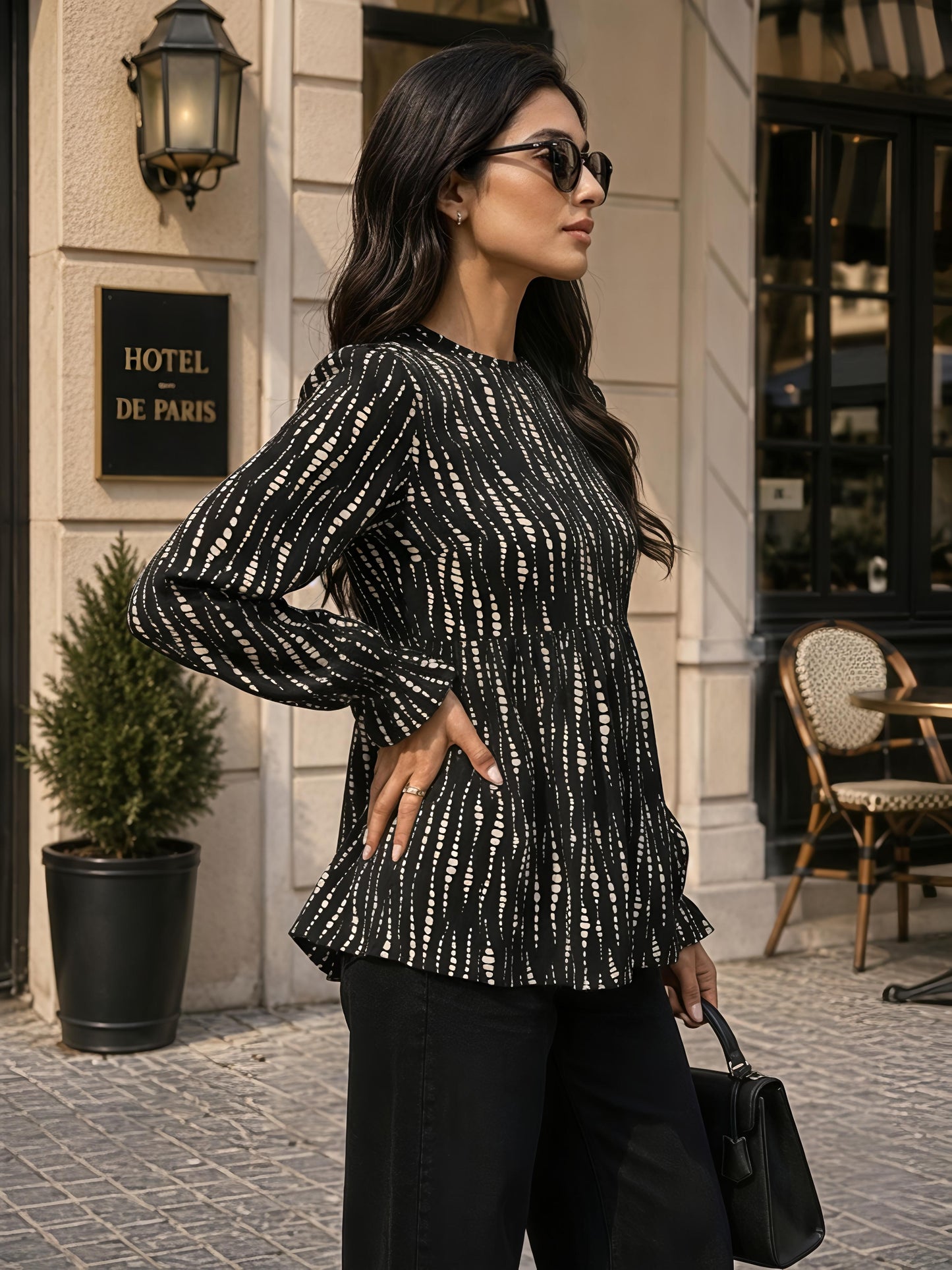 Black Printed Round Neck Long Sleeve Casual Tunic Top