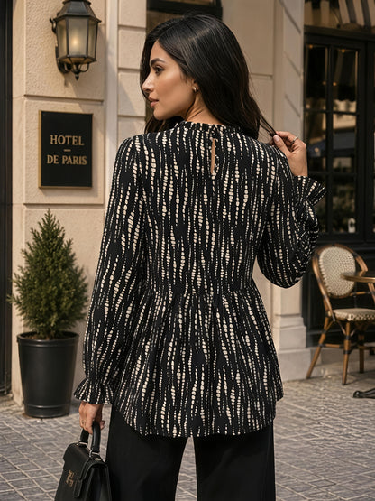Black Printed Round Neck Long Sleeve Casual Tunic Top