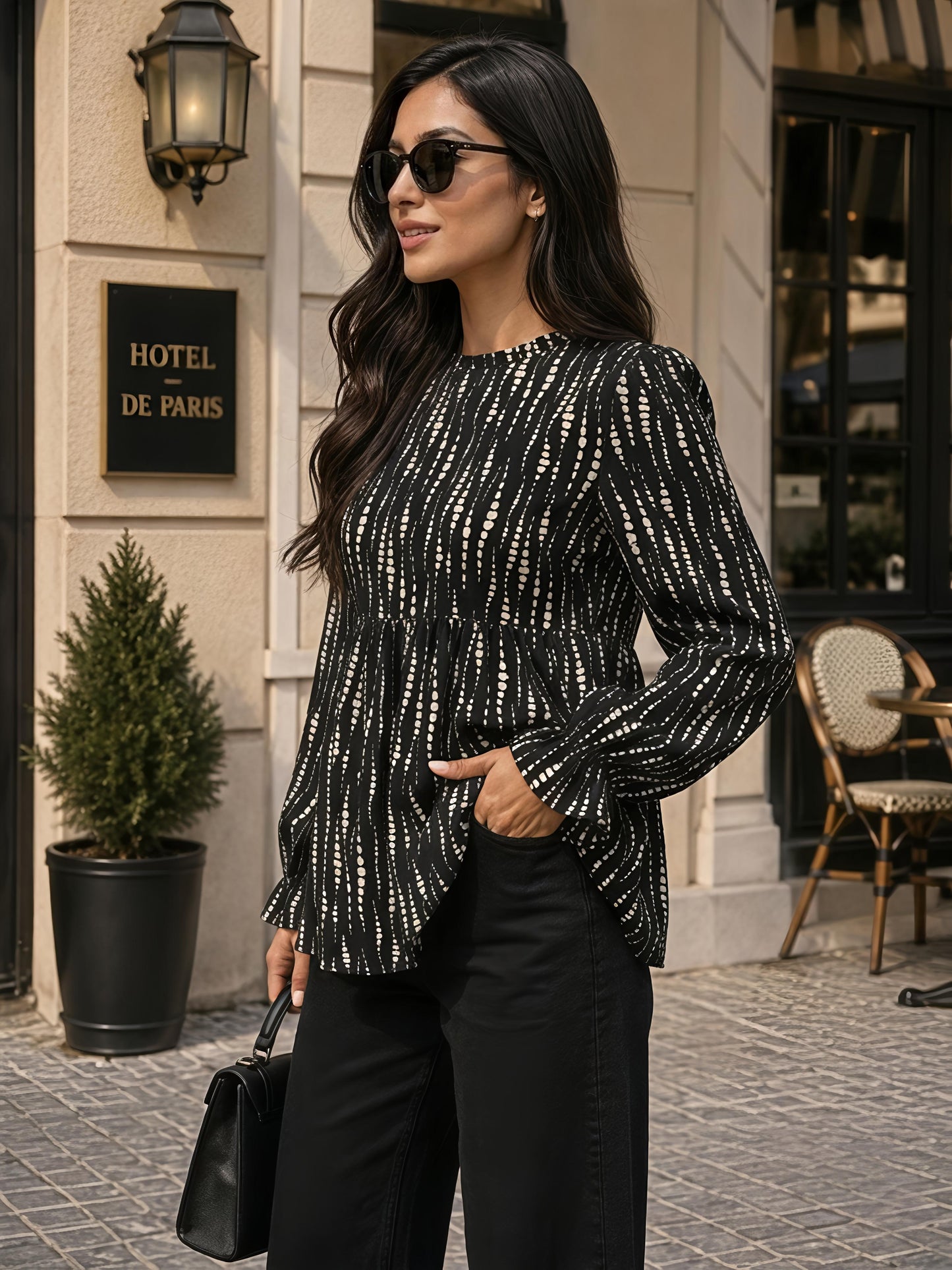 Black Printed Round Neck Long Sleeve Casual Tunic Top