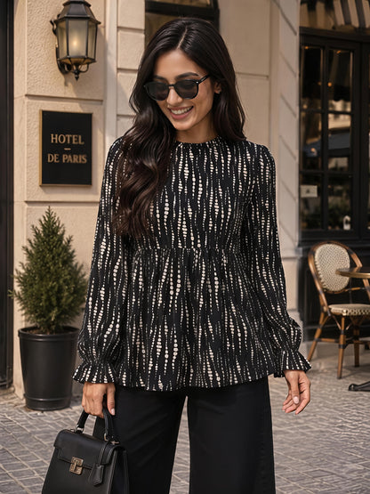 Black Printed Round Neck Long Sleeve Casual Tunic Top