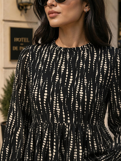 Black Printed Round Neck Long Sleeve Casual Tunic Top