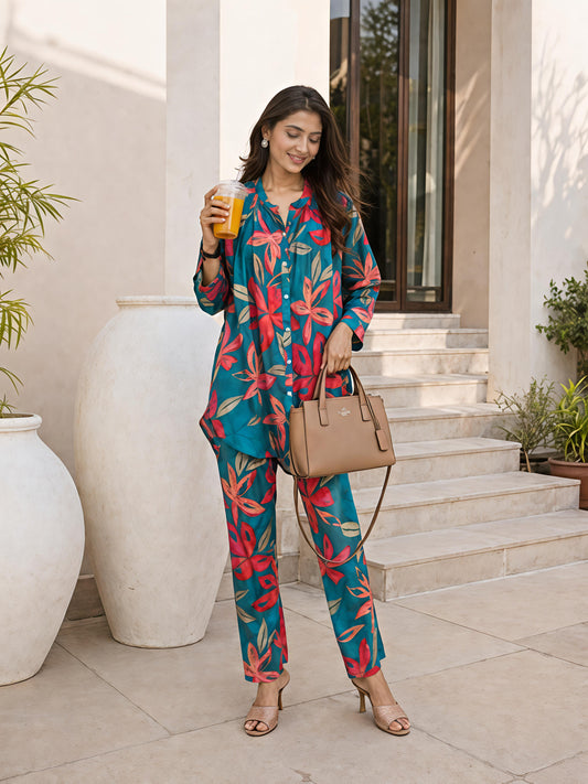 Teal Printed Rayon Blend Casual Stylish Fashion Co-Ord Set