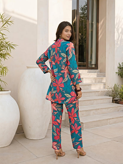 Teal Printed Rayon Blend Casual Stylish Fashion Co-Ord Set