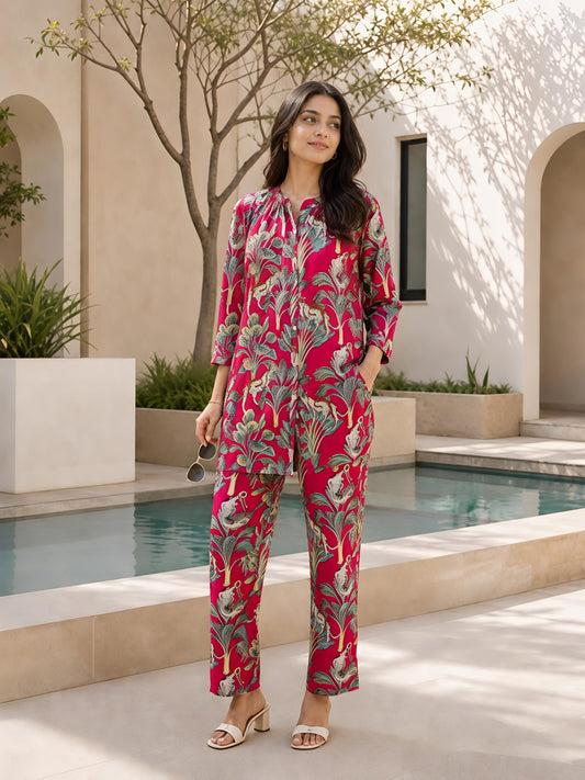 Maroon Printed Rayon Blend Casual Stylish Party Co-Ord Set