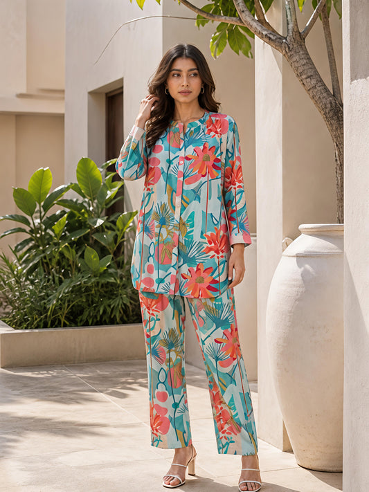 Sky Blue Printed Rayon Blend Casual Stylish Party Co-Ord Set