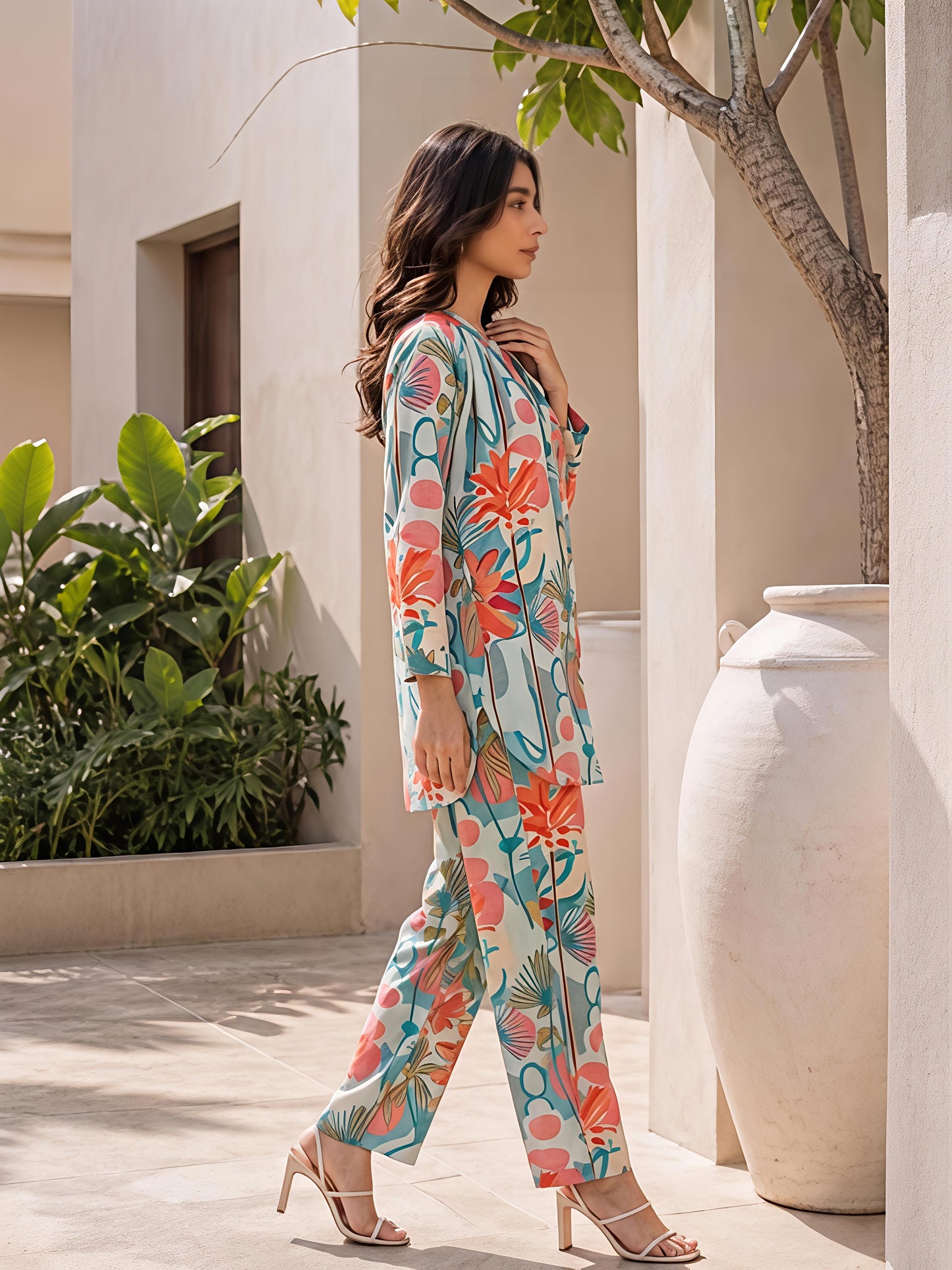 Sky Blue Printed Rayon Blend Casual Stylish Party Co-Ord Set