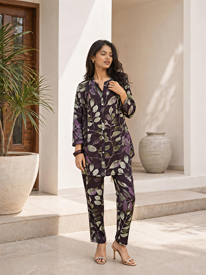 Purple Printed Rayon Blend Casual Stylish Fashion Co-Ord Set