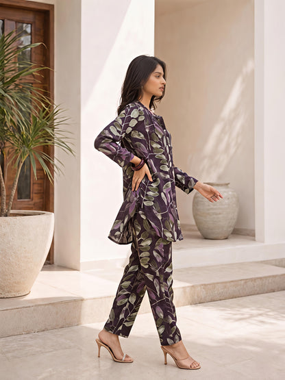 Purple Printed Rayon Blend Casual Stylish Fashion Co-Ord Set