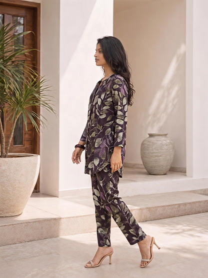 Purple Printed Rayon Blend Casual Stylish Fashion Co-Ord Set