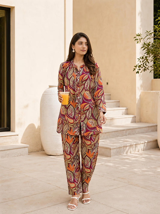 Multicolor Printed Rayon Blend Casual Stylish Fashion Co-Ord Set