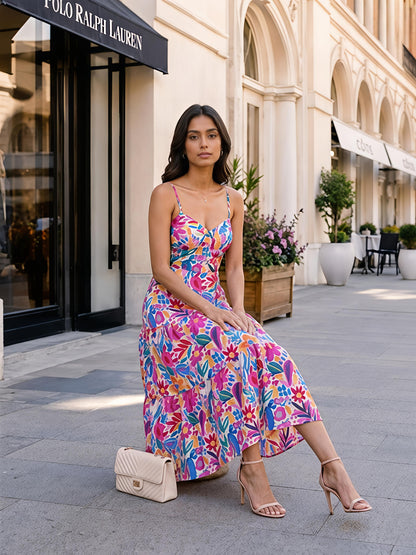 Pink Floral Maxi Dress Sleeveless Boho Summer Vacation Outfit