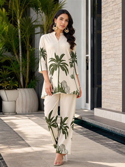 Beige & Green Rayon Blend Printed Kurta Pant Palm Design Co-Ord Set