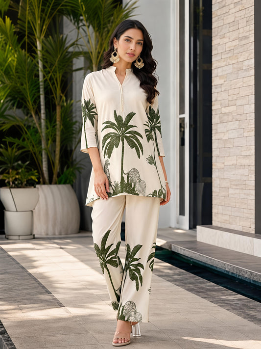 Beige & Green Rayon Blend Printed Kurta Pant Palm Design Co-Ord Set