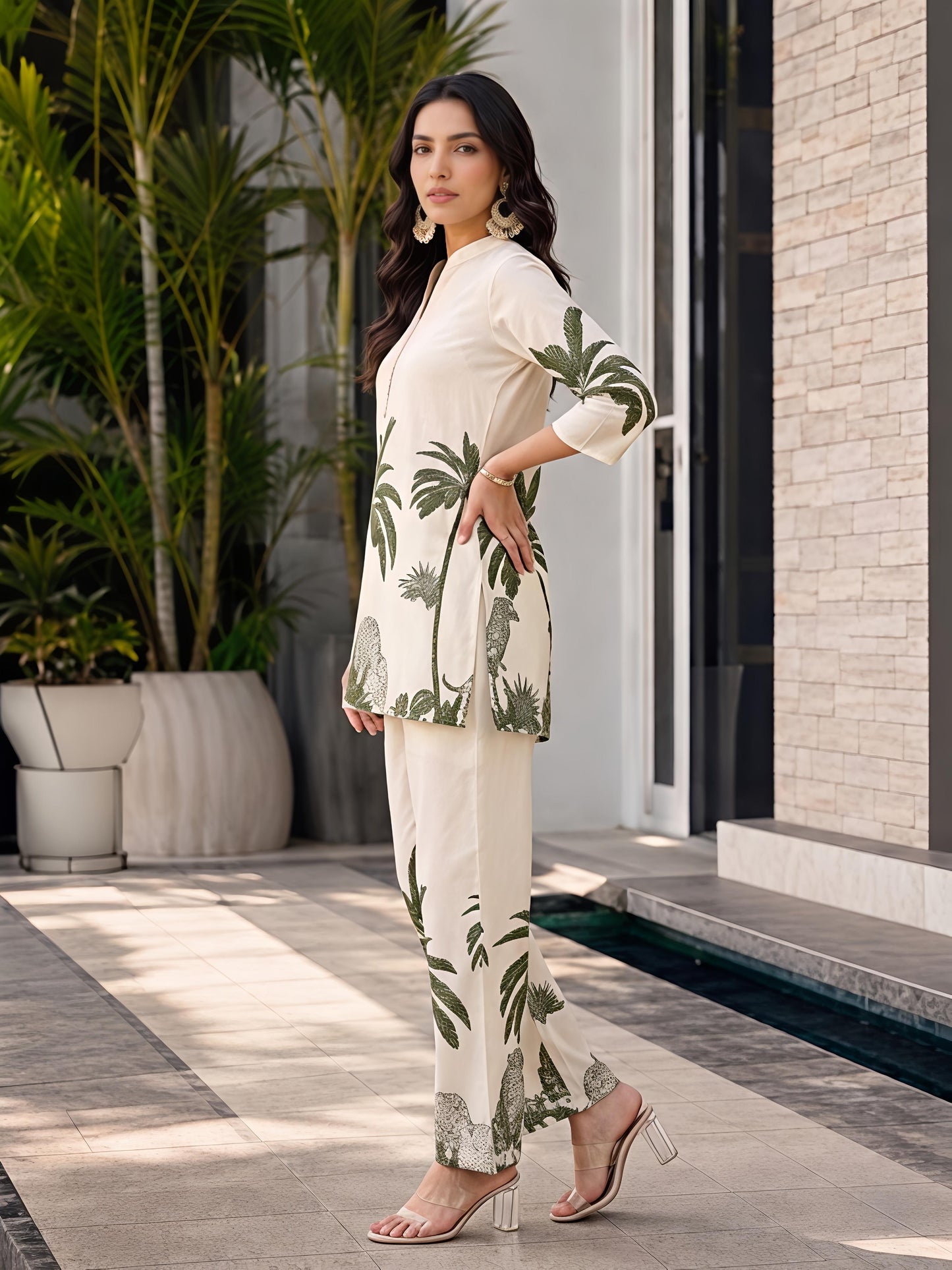 Beige & Green Rayon Blend Printed Kurta Pant Palm Design Co-Ord Set