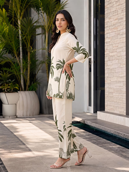Beige & Green Rayon Blend Printed Kurta Pant Palm Design Co-Ord Set