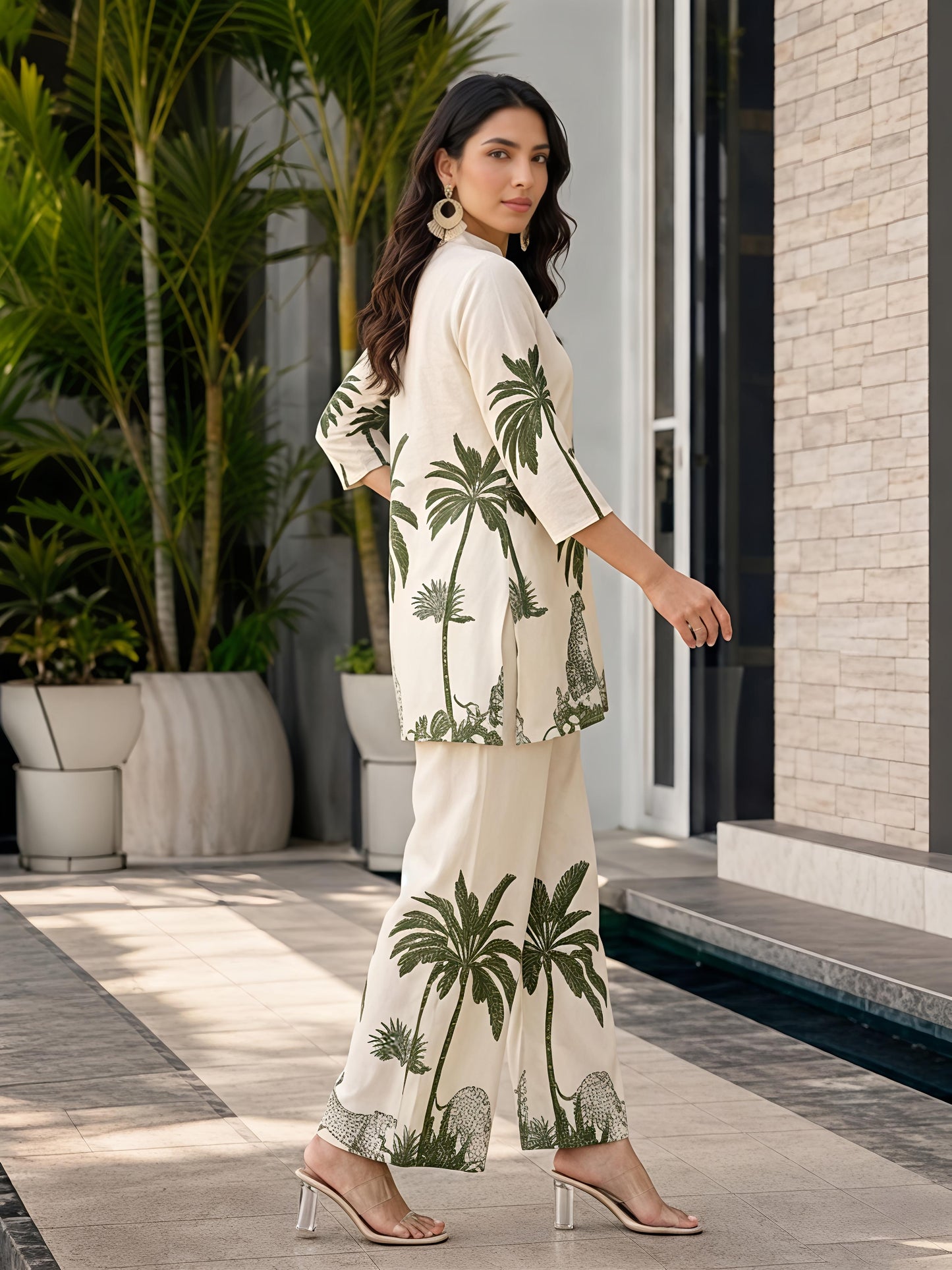 Beige & Green Rayon Blend Printed Kurta Pant Palm Design Co-Ord Set