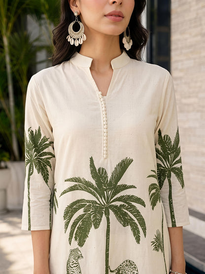 Beige & Green Rayon Blend Printed Kurta Pant Palm Design Co-Ord Set