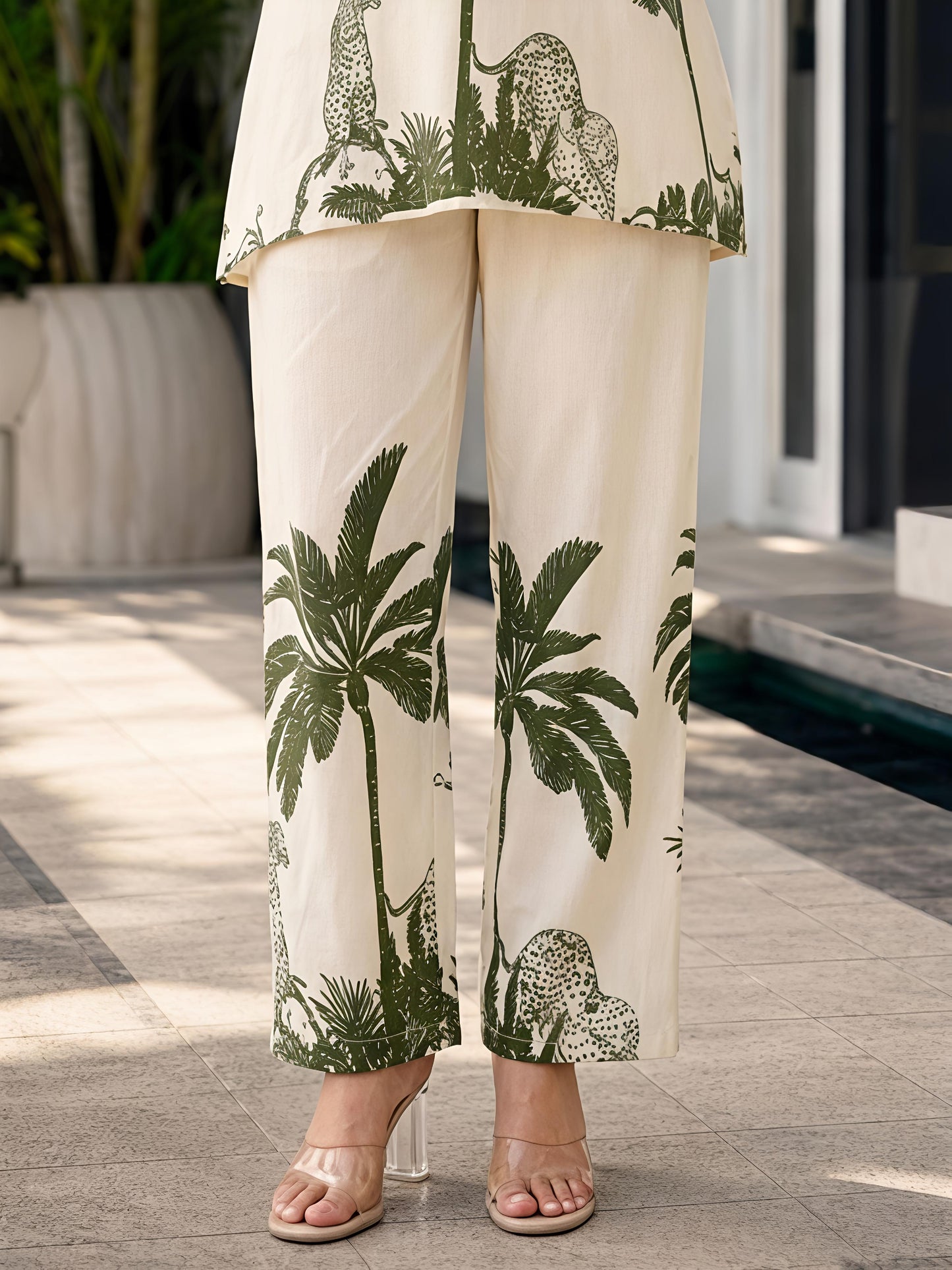 Beige & Green Rayon Blend Printed Kurta Pant Palm Design Co-Ord Set