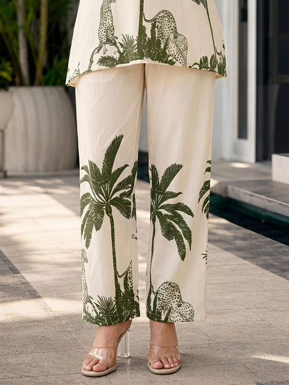 Beige & Green Rayon Blend Printed Kurta Pant Palm Design Co-Ord Set