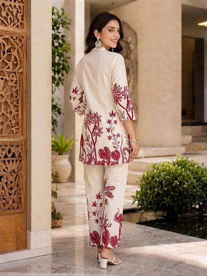 Beige & Maroon Rayon Blend Printed Kurta Pant Palm Design Co-Ord Set