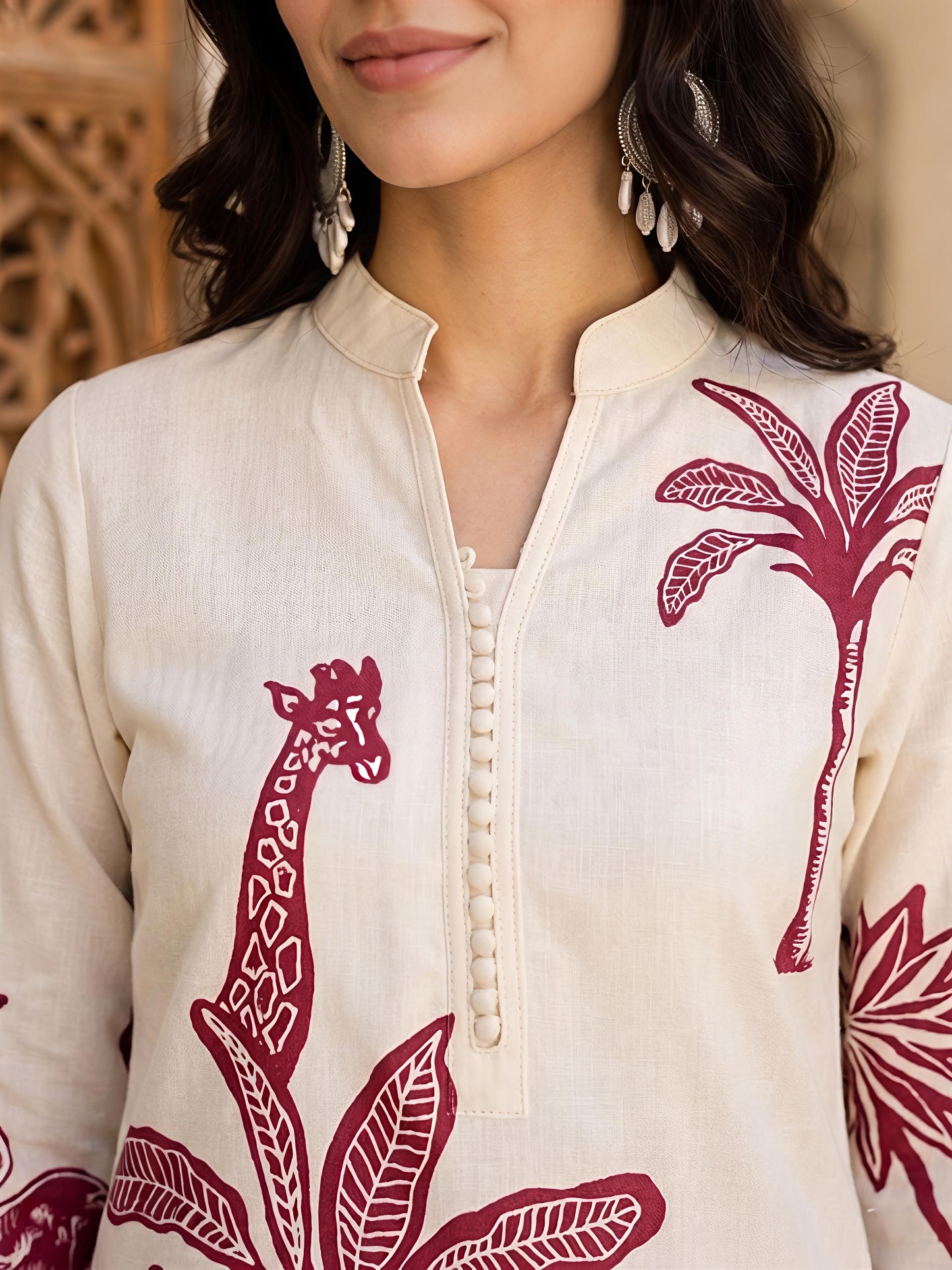 Beige & Maroon Rayon Blend Printed Kurta Pant Palm Design Co-Ord Set