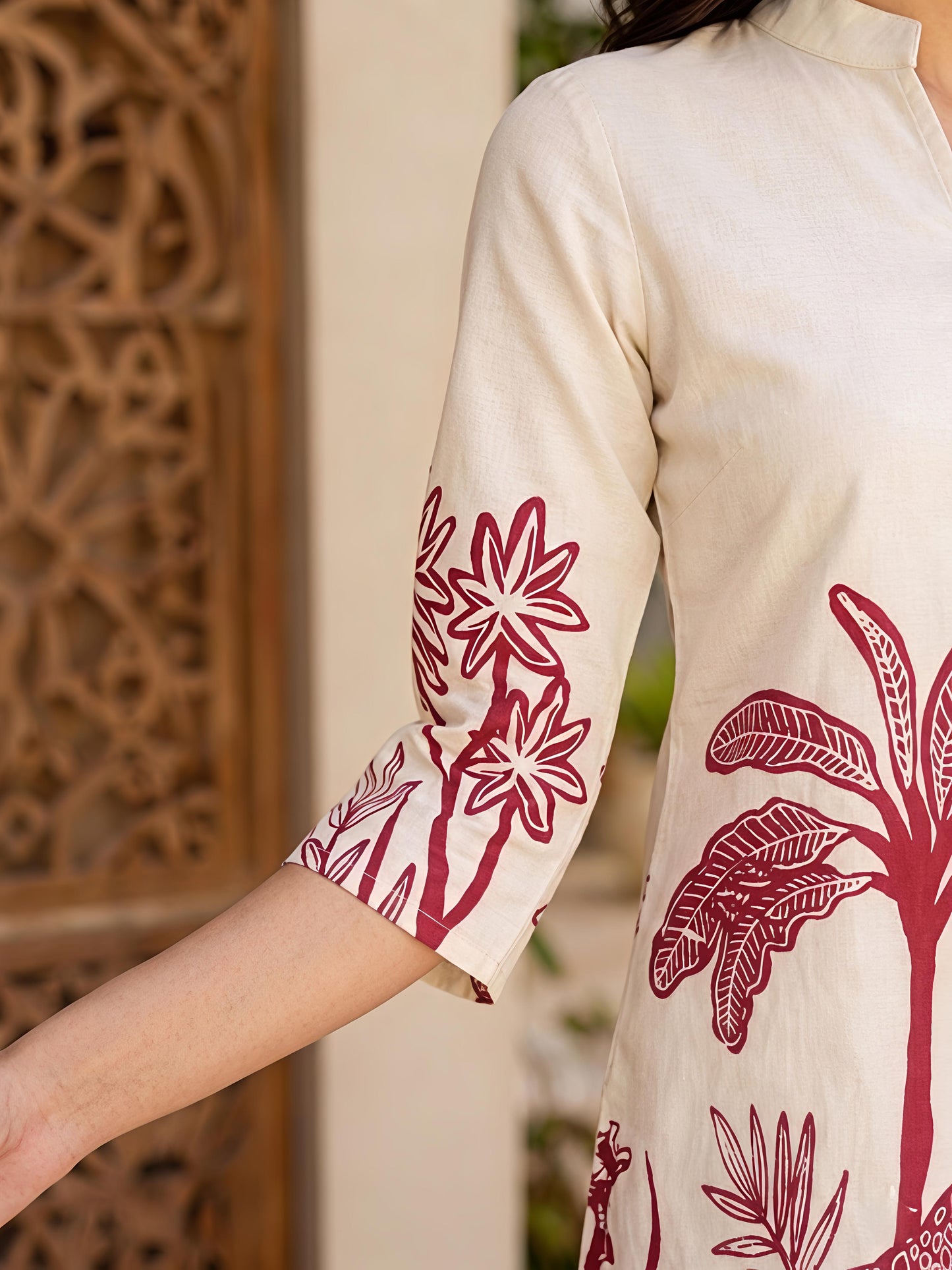 Beige & Maroon Rayon Blend Printed Kurta Pant Palm Design Co-Ord Set