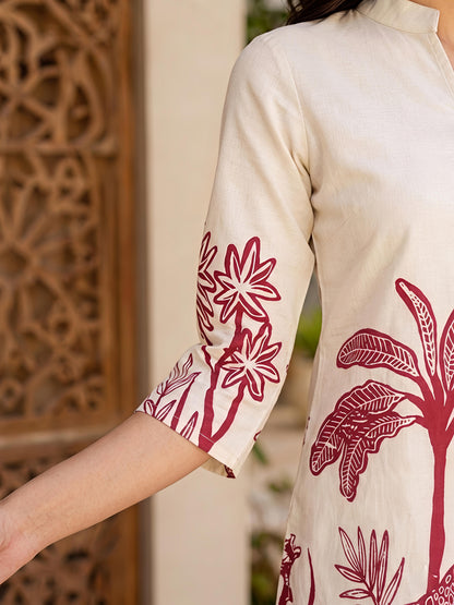 Beige & Maroon Rayon Blend Printed Kurta Pant Palm Design Co-Ord Set