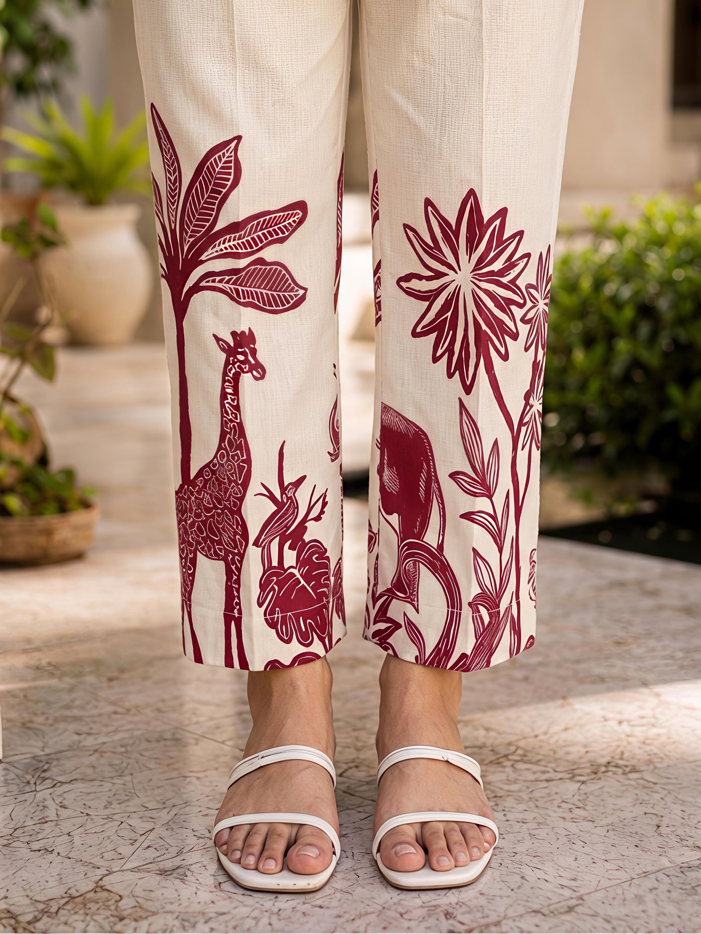 Beige & Maroon Rayon Blend Printed Kurta Pant Palm Design Co-Ord Set