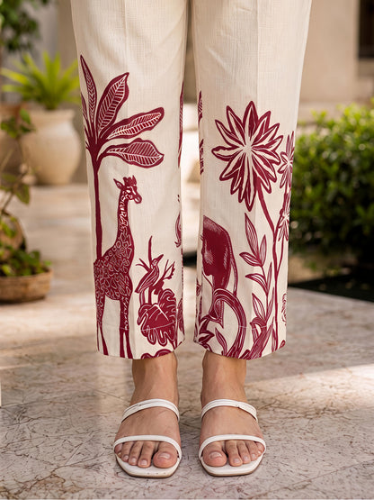 Beige & Maroon Rayon Blend Printed Kurta Pant Palm Design Co-Ord Set