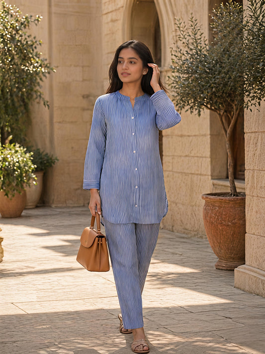 Blue Floral Rayon Blend Mandarin Collar Stylish Co-Ord Set