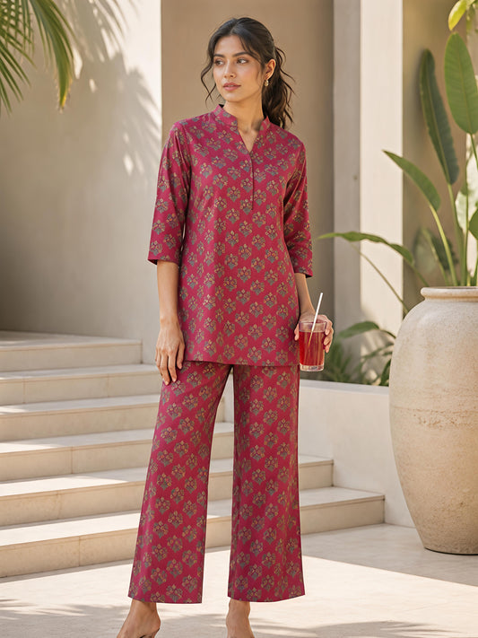 Maroon Printed Rayon Blend Mandarin Collar Stylish Co-Ord Set