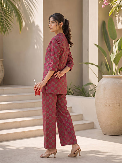 Maroon Printed Rayon Blend Mandarin Collar Stylish Co-Ord Set