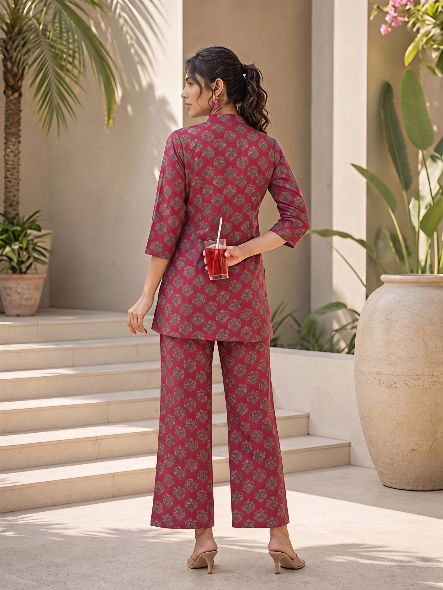 Maroon Printed Rayon Blend Mandarin Collar Stylish Co-Ord Set